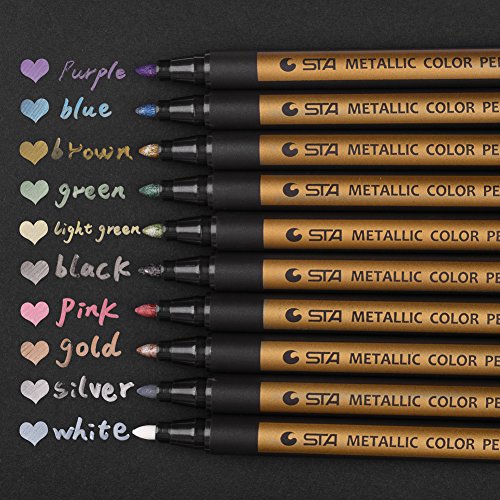 Metallic Markers Paints Pens - Medium Fine Point Metal Art Painting Markers For Gift Card Making, DIY Photo Album, Scrapbooking, Christmas Craft Kids - Works on Most Surfaces - Pack of 10 - Thumbnail 2