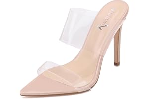 vivianly Clear Pointed Toe Heels Sandals Transparent Strap Stiletto High Heels Slip on Mules for Women