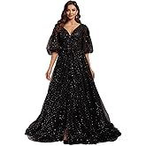 Smileven Women's Sparkle Starry Tulle Prom Dresses Puffy Sleeve Slit Formal Evening Party Gowns