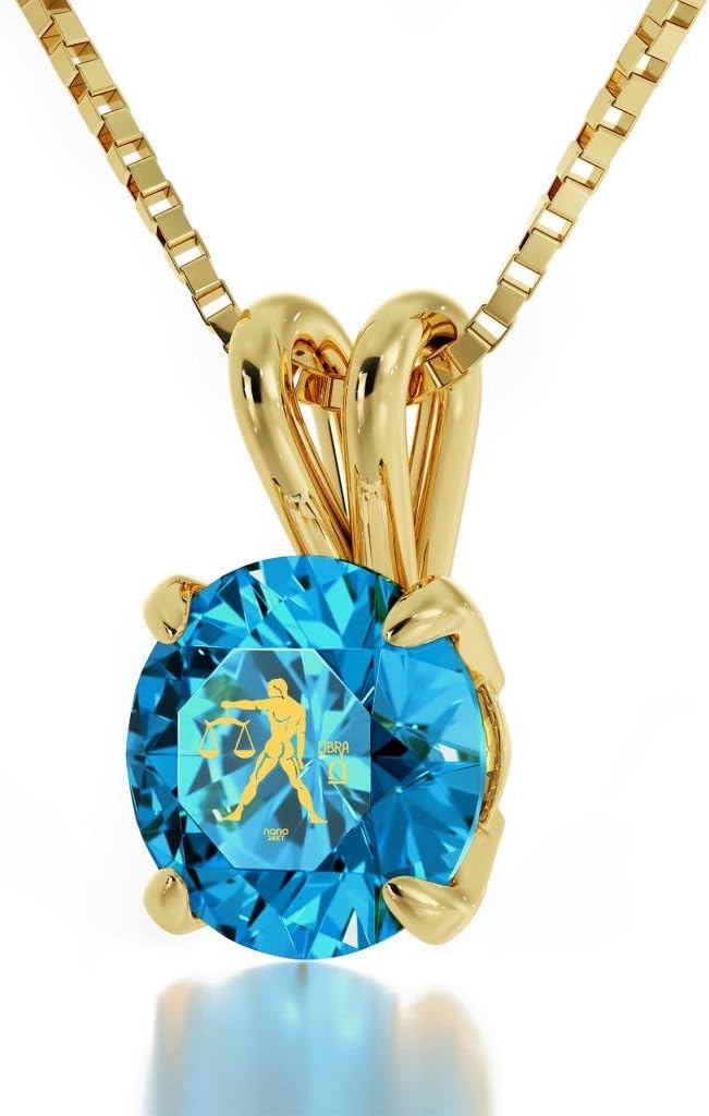 Nano Jewelry Gold Plated Libra Necklace Zodiac Pendant for Birthdays 23rd September to 23rd October 24k Gold Inscribed with Star Sign and Symbol on Solitaire Set Swarovski Crystal Stone, 18" Chain