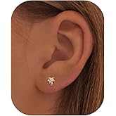 BSGRL Flat Back Earrings- 14K Gold/White Gold Plated Tiny Bow Sun Moon Star Hammerhead Shark Dragon Cowboy Boot Palm Tree Softball Flatback Stud Earrings for Women Helix Jewelry