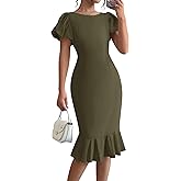 BTFBM Women Formal Wedding Guest Cocktail Dresses 2026 Short Sleeve Ruffle Mermaid Work Bodycon Elegant Midi Summer Dress