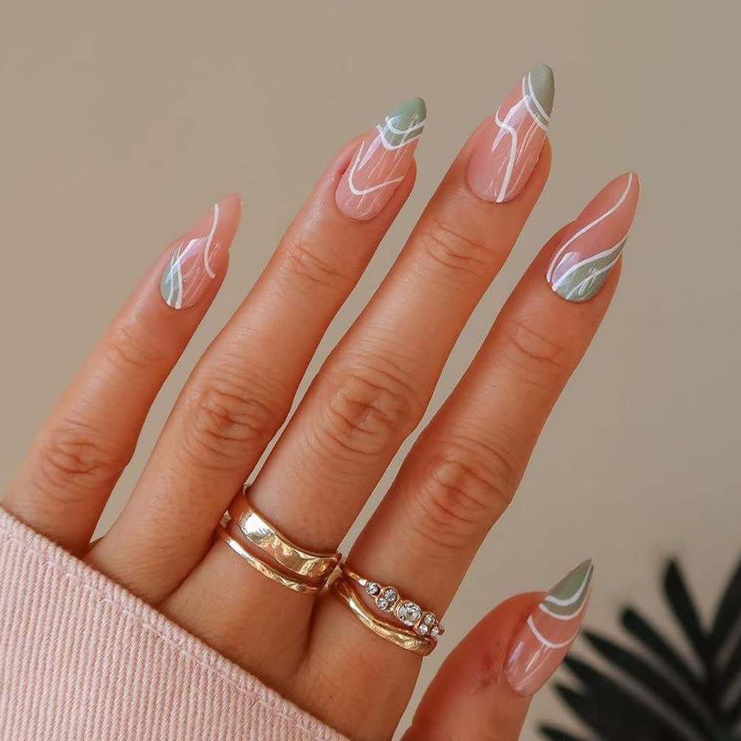 Sethexy Swirl Almond False Nails Wave Line Stiletto Stick on Nails Abstract Pink Green Fake Nails 24Pcs Acrylic Art Press on Nail Tips for Women and Girls — image 1