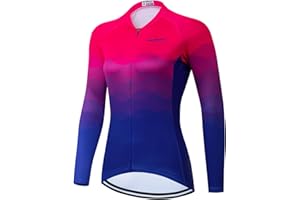 PIMAODOG Women's Long Sleeve Cycling Jersey, Quick Dry Bike Top with Reflective Strip, Zipper and Pockets