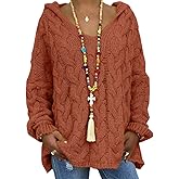 MARSVOVO Women's Oversized Chunky Cable Knit Pullover Hooded Sweaters V Neck Long Sleeve Casual Solid Daily Wear Hoodies