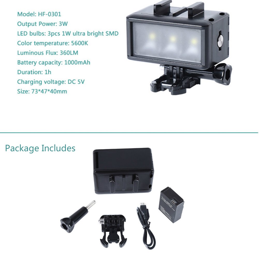 Tolifo Waterproof Diving Light 40m Underwater High Power Dimmable Fill Night Light Diving Underwater Light for Gopro Hero 5 Hero 4 Hero 3 plus Hero 3 Hero session and SJCAM or Xiaoyi