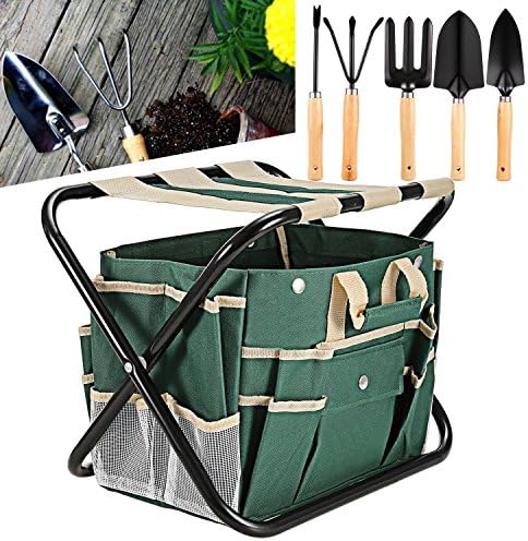 (US Stock) 7 Piece Garden Tool Set-5 Sturdy Stainless Steel Tools, All-In-One Tool Bag, Durable Folding Stool
