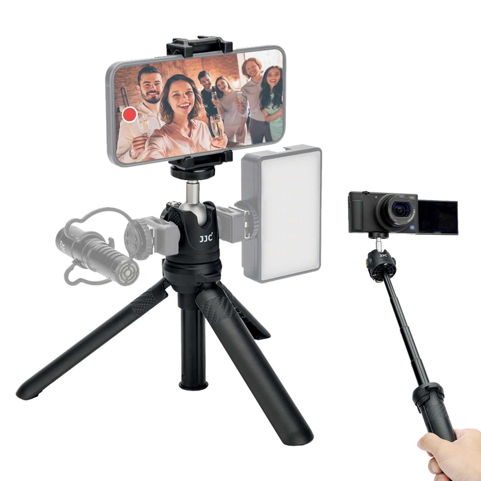 Mini Tripod for Camera and Phone, Extendable Selfie Stick Small Tripod Stand with Handgrip, Cold Shoe Mount, Compatible with DSLR, Mirrorless, Video, Smartphone, 360°Rotary Tilt Ballhead