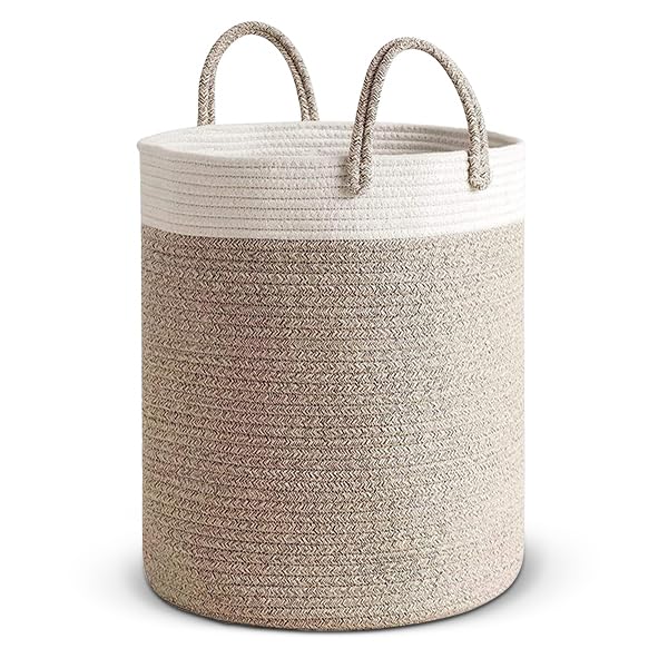 Cotton Rope Woven Laundry Basket with Handles - Large Laundry Hamper with 48L Capacity - Spacious, Durable, and Chic Storage Solution for Home - Ideal for Clothes, Toys, and More (Off-White Khaki)