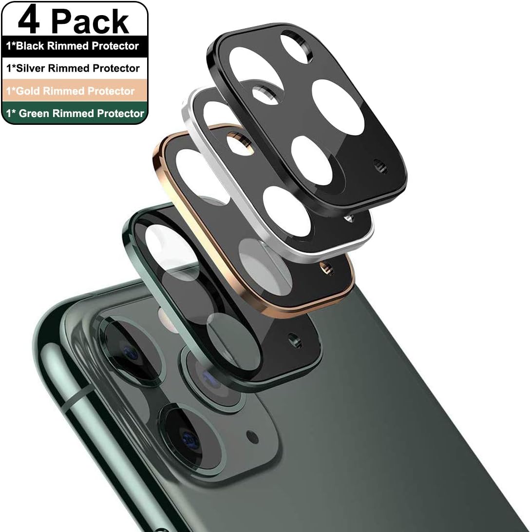 Tamoria [4 Colors Pack] Screen Protector Camera Lens for iPhone 11 Pro 5.8"/ iPhone 11 Pro Max 6.5" Silk-Screen Tempered Glass Titanium Alloy Rimmed Anti-Scratch Camera Protector Black Silver Gold Green