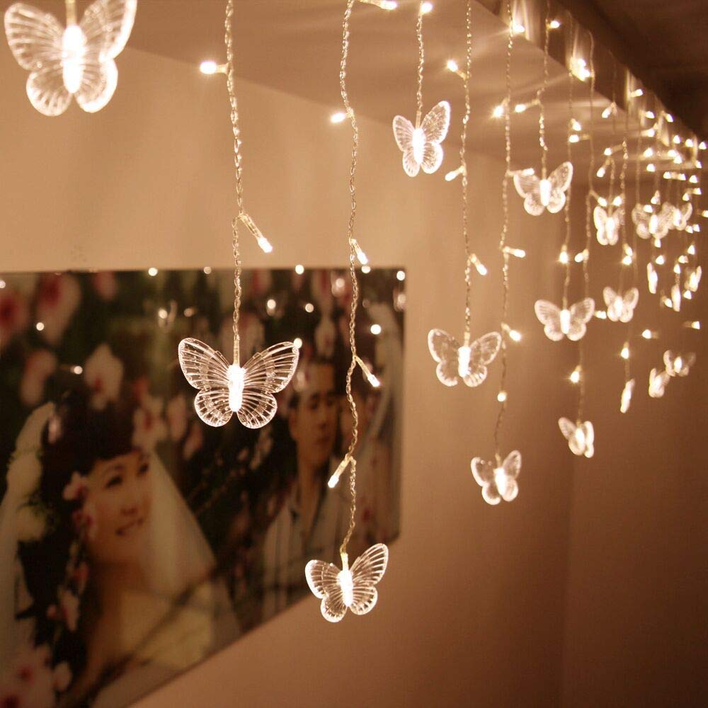 BCKAKQA Fairy Lights 1.5M x 0.5M 48 LED Butterfly Curtain Lights String USB 8 Modes Indoor Outdoor Use for Party Wedding Christmas Holiday Window Decoration Lighting(Warm White)