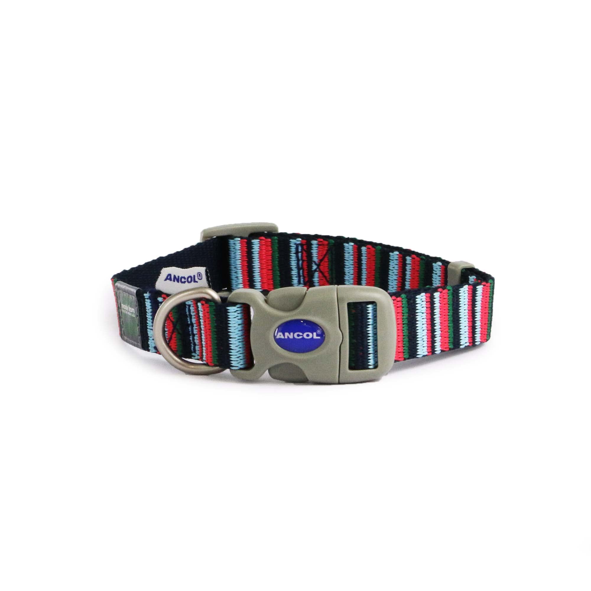 Ancol Made From Collar for Dog Puppy Navy Candy Stripe 100% Recycled Webbing Eco Friendly Pet Accessory Quick Release Buckle Adjustable Neck Strap - 30-50 cm Medium