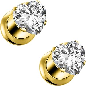 Qiwnswoy 10G-00G Gauges for Ear Surgical Steel Internally Threaded Single Flare Heart CZ Screw Fit Flesh Tunnels Plugs Gauges