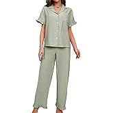 MakeMeChic Women's Pajama Set Short Sleeve Button Up Shirt with Long Pants Ruffle Lounge Wear 2 Piece PJ Set