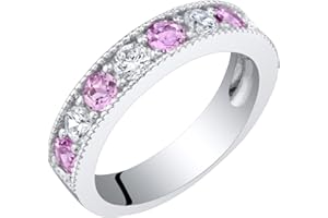 PEORA Sterling Silver 4mm Milgrain Half-Eternity Anniversary Wedding Ring Band for Women, Various Gemstones, Comfort Fit, Sizes 5 to 9