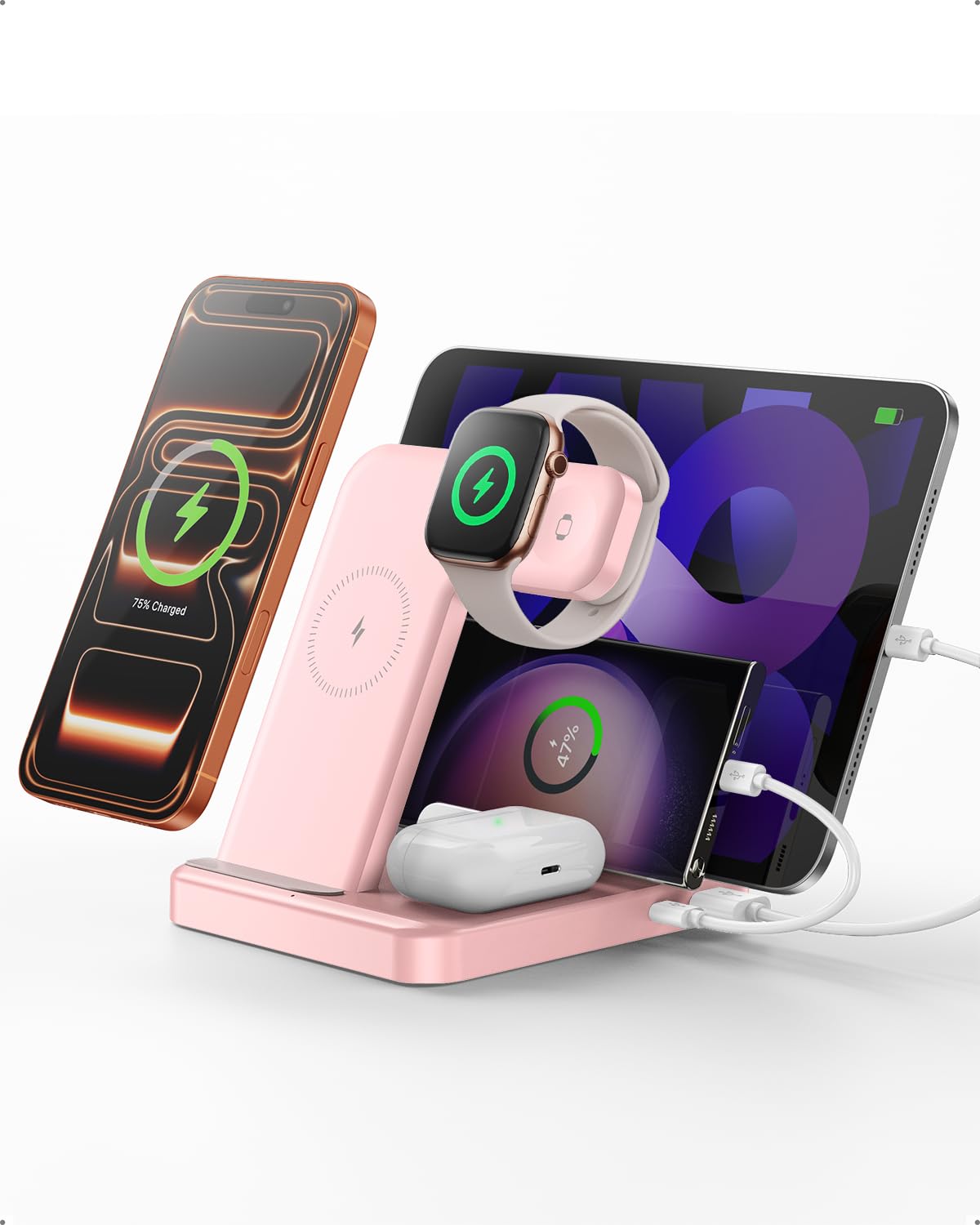 Caxdon Multiple Devices Charging Station, 5-in-1 Charging Station for iPhone 17 Pro Max/Pro/16/15/14/13/12, iPad Pro/Air/Mini, Apple Watch and Airpods,Wireless Charging Dock(G805) (Pink)