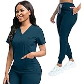 YEZEX Scrubs for Women Set, Women's V-Neck Top & Jogger Scrub Pants, Nursing Uniform Scrubs Set with 8 Pockets, for Nurse Esthetician Workwear (Caribbean Blue)
