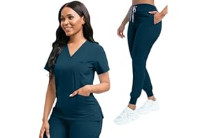 YEZEX Scrubs for Women Set, Women's V-Neck Top & Jogger Scrub Pants, Nursing Uniform Scrubs Set with 8 Pockets