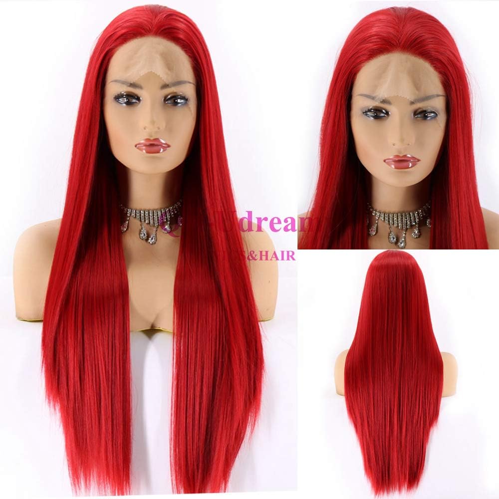 QD-Udreamy Soft Long Straight Sexy Red Synthetic Lace Front Wigs Hand Tied High Temperature Fiber Hair Cosplay Wig Heat Resistant Wigs For Women Party Wigs 24 Inch