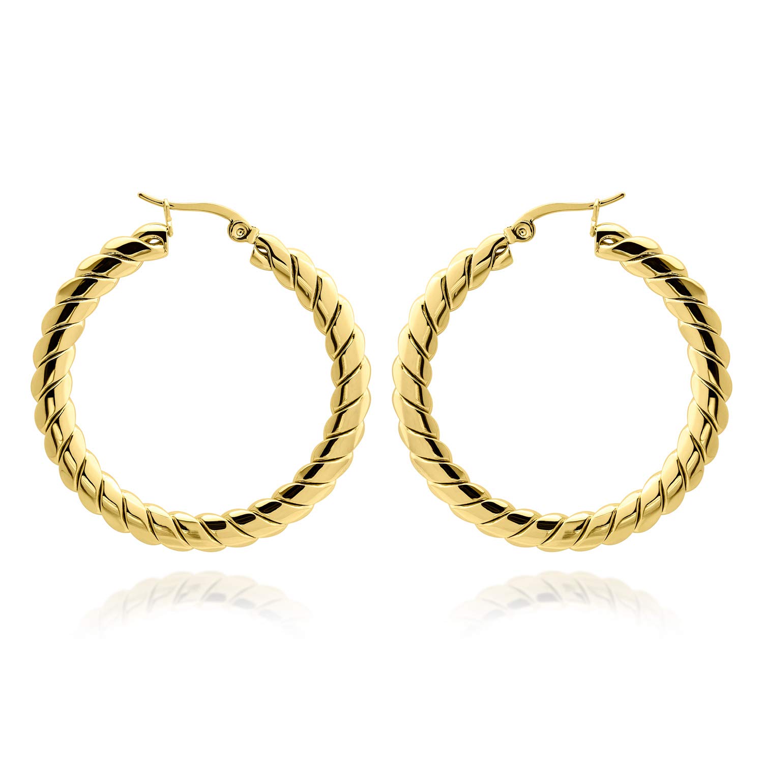 555Jewelry Stainless Steel Hoop Earrings, Large Round Circle Woven Pattern Surgical Steel Hoop Earrings, Hoops Earrings for Women, Nickel Free Earrings for Women Hoops, Gold