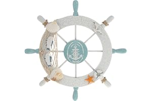 Rienar Nautical Beach Wooden Boat Ship Steering Wheel Fishing Net Shell Home Wall Decor White - Fish