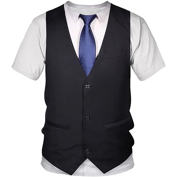 renvena Mens 3D Printed Vest & Tie Tuxedo T Shirt Round Neck Short