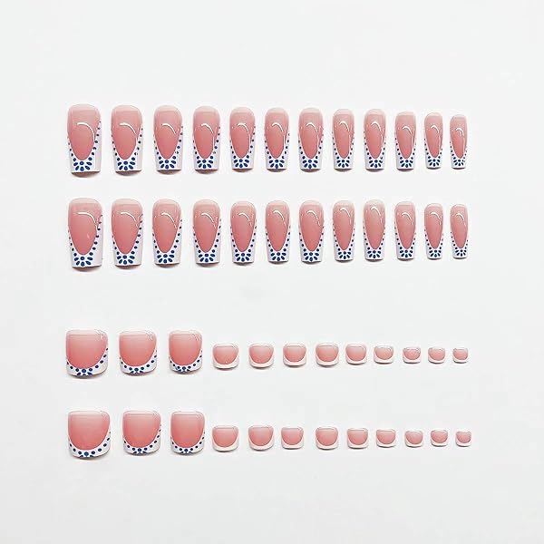 CTTHNBD MEDIUM PRESS ON NAILS SQUARE & PRESS ON TOENAILS SET, WHITE FRENCH TIP WITH BLUE SPOT DESIGN – FOR WOMEN 48 PCS