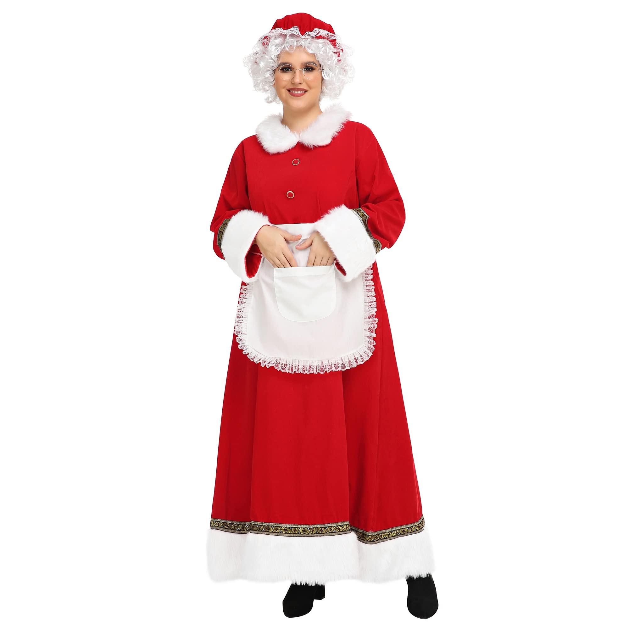 Photo 1 of *********READ CLERK NOTES**********  
ABALAGU Mrs. Claus Costume for Women 5PCS Santa Dress Outfit Adult Christmas Santa Costume Plus Size (Red, X-Large)