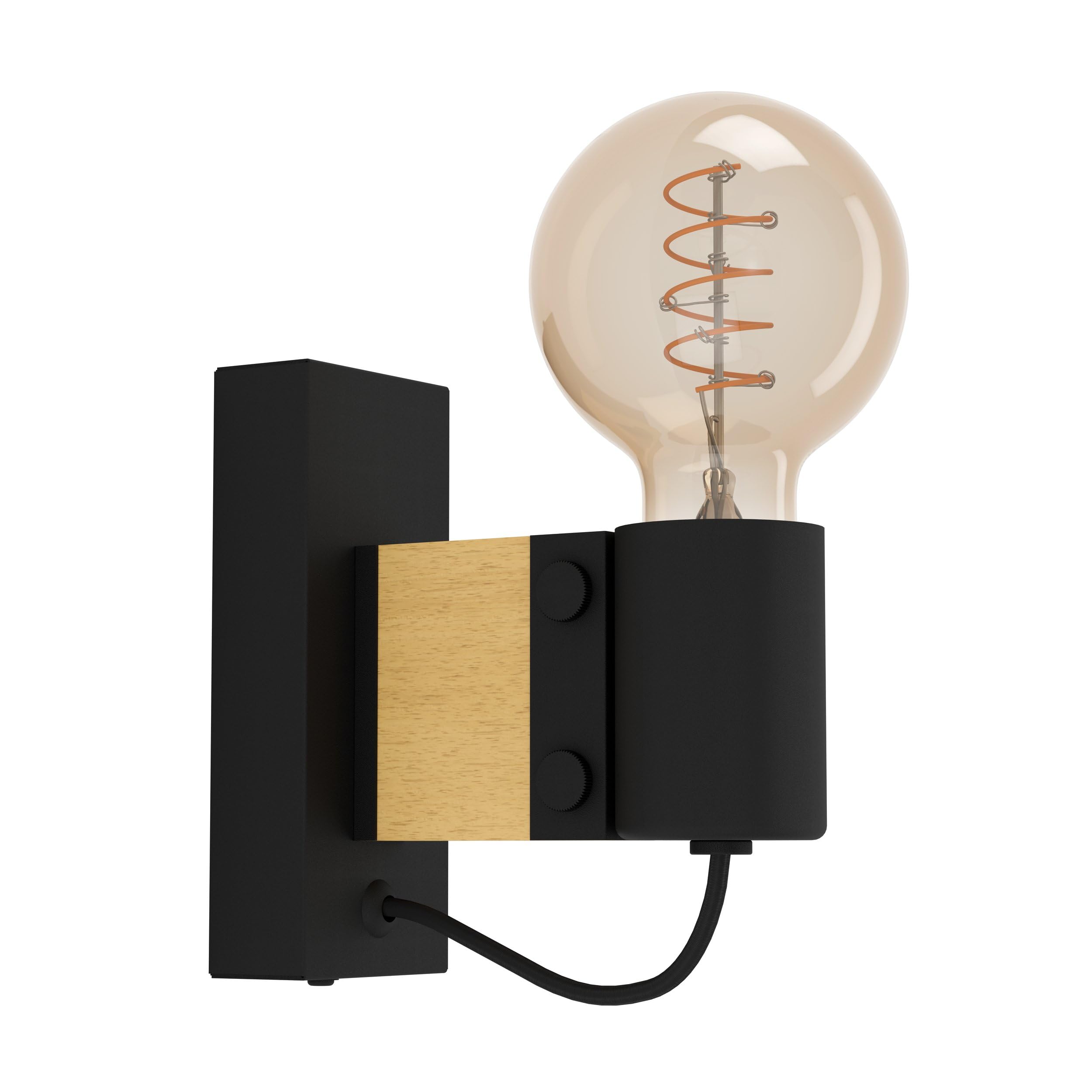 Eglo Wall Light Fixture Bailrigg, Wooden Indoor lamp, FSC100HB, Living Room and Hallway Lighting, Spotlight Made of Natural Wood and Black Metal, E27 Socket