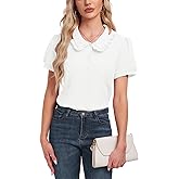 Ellunis Womens Button Down Shirts Peter Pan Collar Shirt Short Sleeve Summer Blouses Casual Work Vintage Blouse Tops