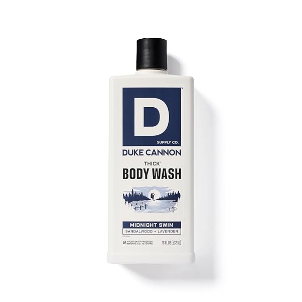 DUKE CANNON SUPPLY CO. THICK HIGH VISCOSITY BODY WASH – 3X THICKER, PLANT-BASED, MINERAL-ENRICHED BODY WASH FOR MEN – SANDALWOOD AND LAVENDER – MENS BODY SCRUB – MIDNIGHT SWIM (18 OZ)