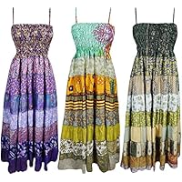 Mogul Wholesale Lot Of 3 Pcs Womens Holiday Dress Recycled Vintage Sari Patchwork Maxi Dresses