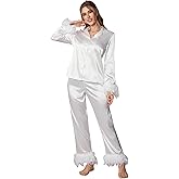 WDIRARA Women's 2 Piece Satin Sleepwear Fuzzy Trim Long Sleeve Button Down Shirt and Pants Pajama Set