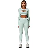 Workout Sets for Women 2 Piece Long Sleeve Cutout Crop Top and High Waisted Leggings Gym Athletic Jogger Sets