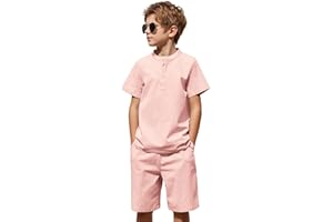 Arshiner Boy's 2 Pieces Cotton Linen Set Casual Henley Shirts Short Sleeve Beach Shorts Summer Outfits for 5-12 Years