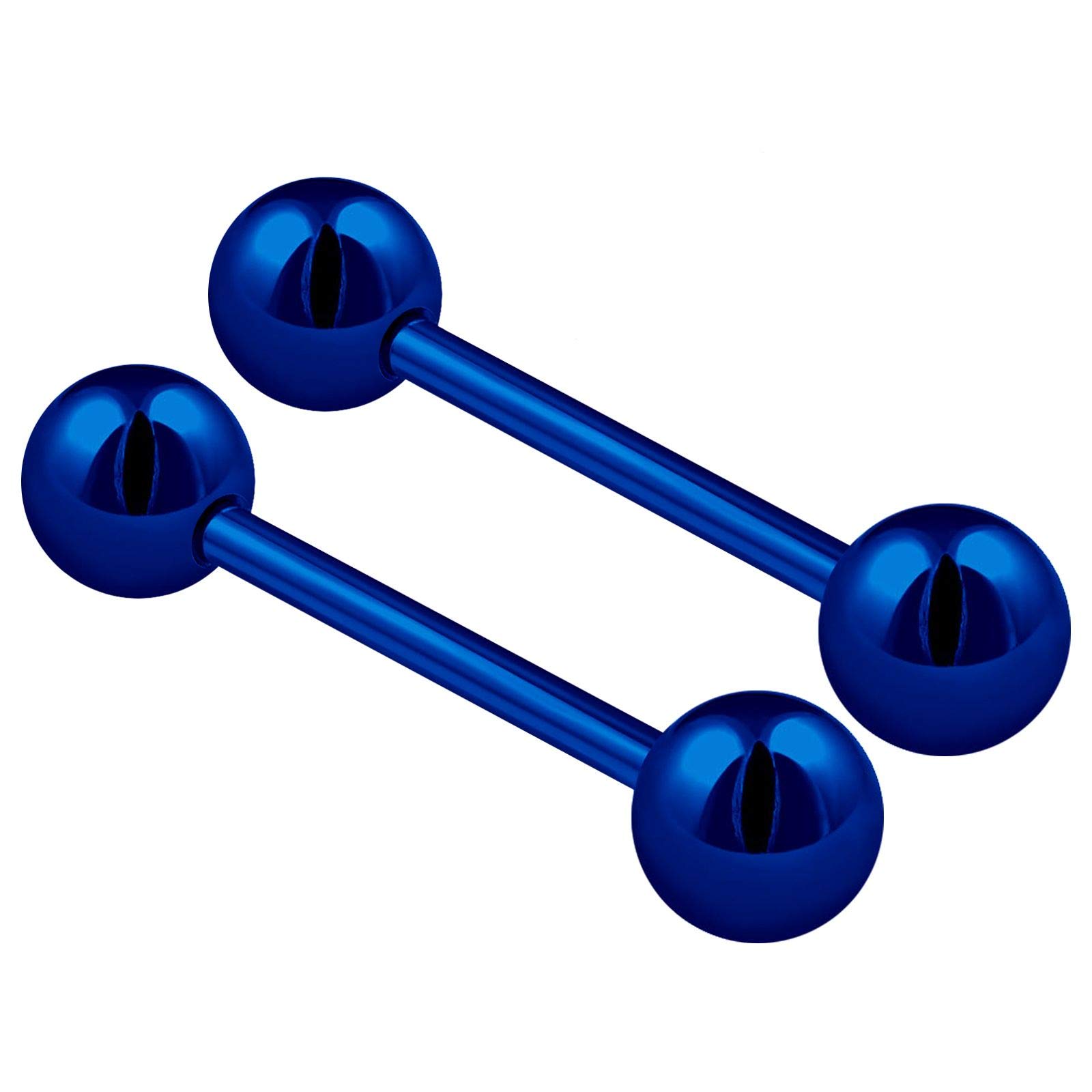 KJM FASHION 2PCS Stainless Steel Dark Blue Tongue Bar Rings Stud Barbell 14 Gauge 5/8 16mm 6mm Ball Nipple Bars Piercing Jewellery 2508