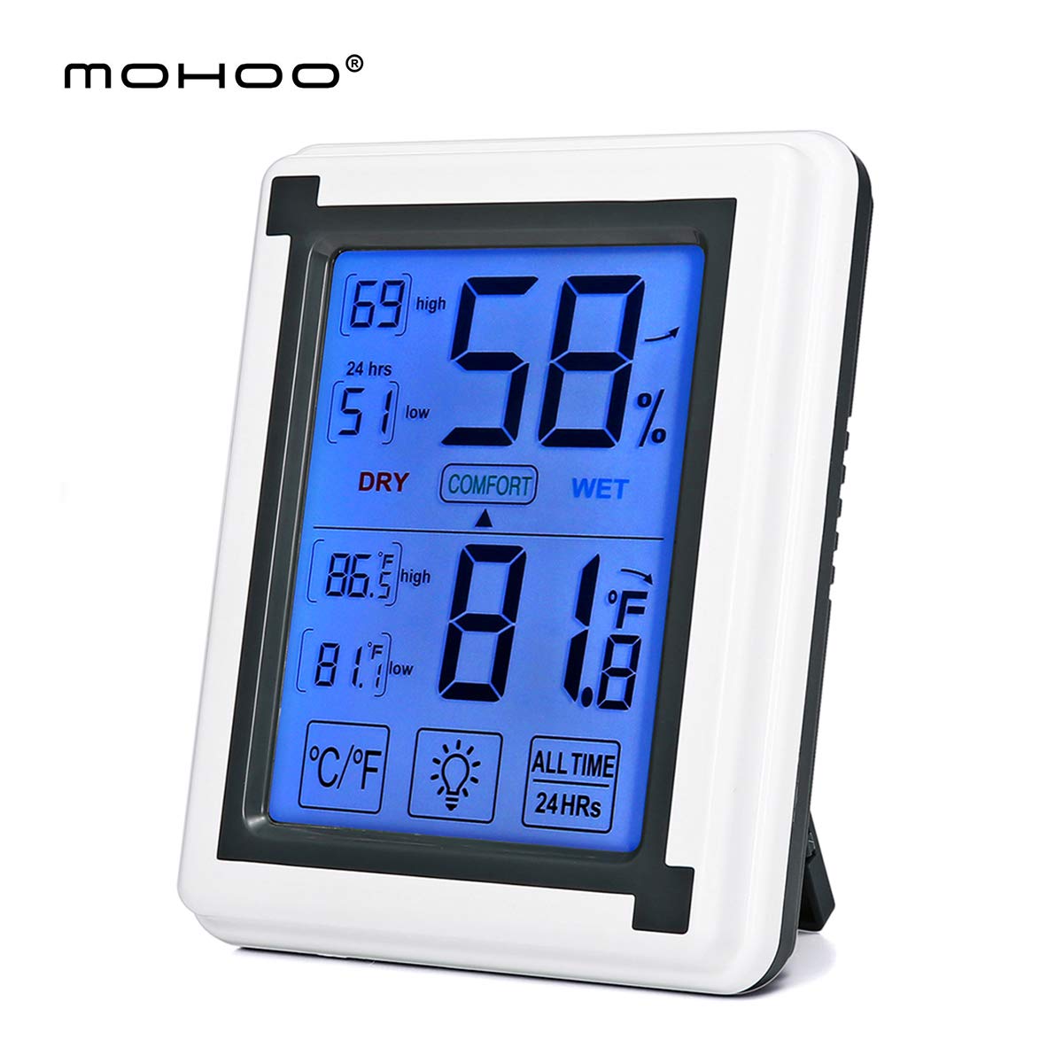 6 IN 1 Thermometer innen Thermo-Hygrometer von MOHOO, Hygrometer, komfortable Funk-Wetterstation, Feuchtigkeitsmesser, Temperaturmesser, Wecker, Datumsanzeige, Nachtlichtfunktion, 9.2cm x 9.2cm