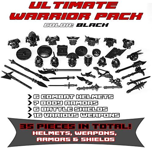 Ultimate Warrior Pack Weapon 35 Pcs: Helmets, Armors, Shields, Swords, Mace, War Hammer, Spears, Halberd and more weapons for Custom Toy Bricks Minifigures (Black)