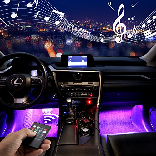 LE 4pcs 48 LEDs Car Strip Lights, RGB Multicolor Music Waterproof Automobile Underbody Interior Decoration Light Bars 12V DC Sound Sensor Function Wireless Remote Control Car Charger Included
