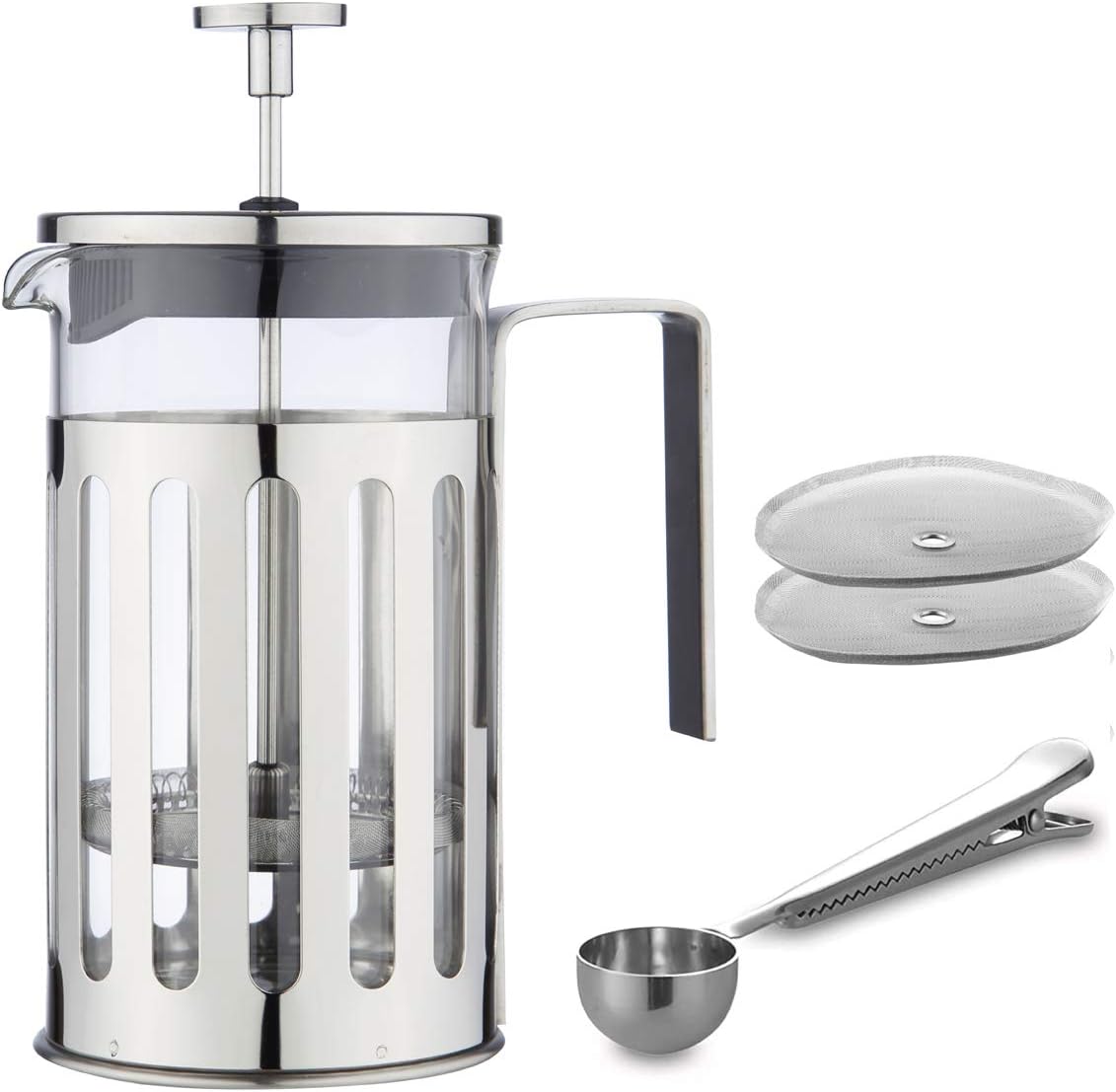Fresh Press Coffee/Tea Maker Cafetiere with Stainless Steel Frame Handle and Lid, 5 Cup/600ml, Includes Extra Replacement Screens and Coffee Scoop for Home and Office