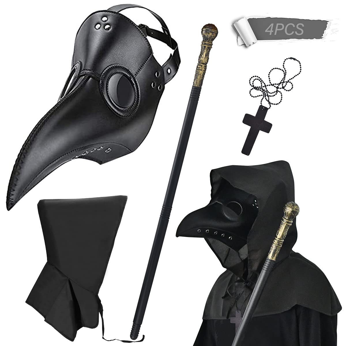 Photo 1 of 4PCS Plague Bird Doctor Mask PU Leather Long Nose Beak Mask with Cloak Crucifixion Necklace Scepter Scary Halloween Mask