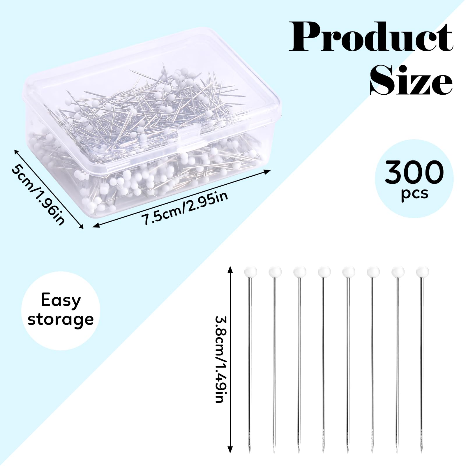 Sewing Pins, 300 PCS Straight Pins for Fabric, White Pearlized Ball Head Quilting Pins Long 1.5inch, Sewing Pins with Transparent Plastic Box for Dressmaker, Jewelry DIY Decoration and Sewing Project