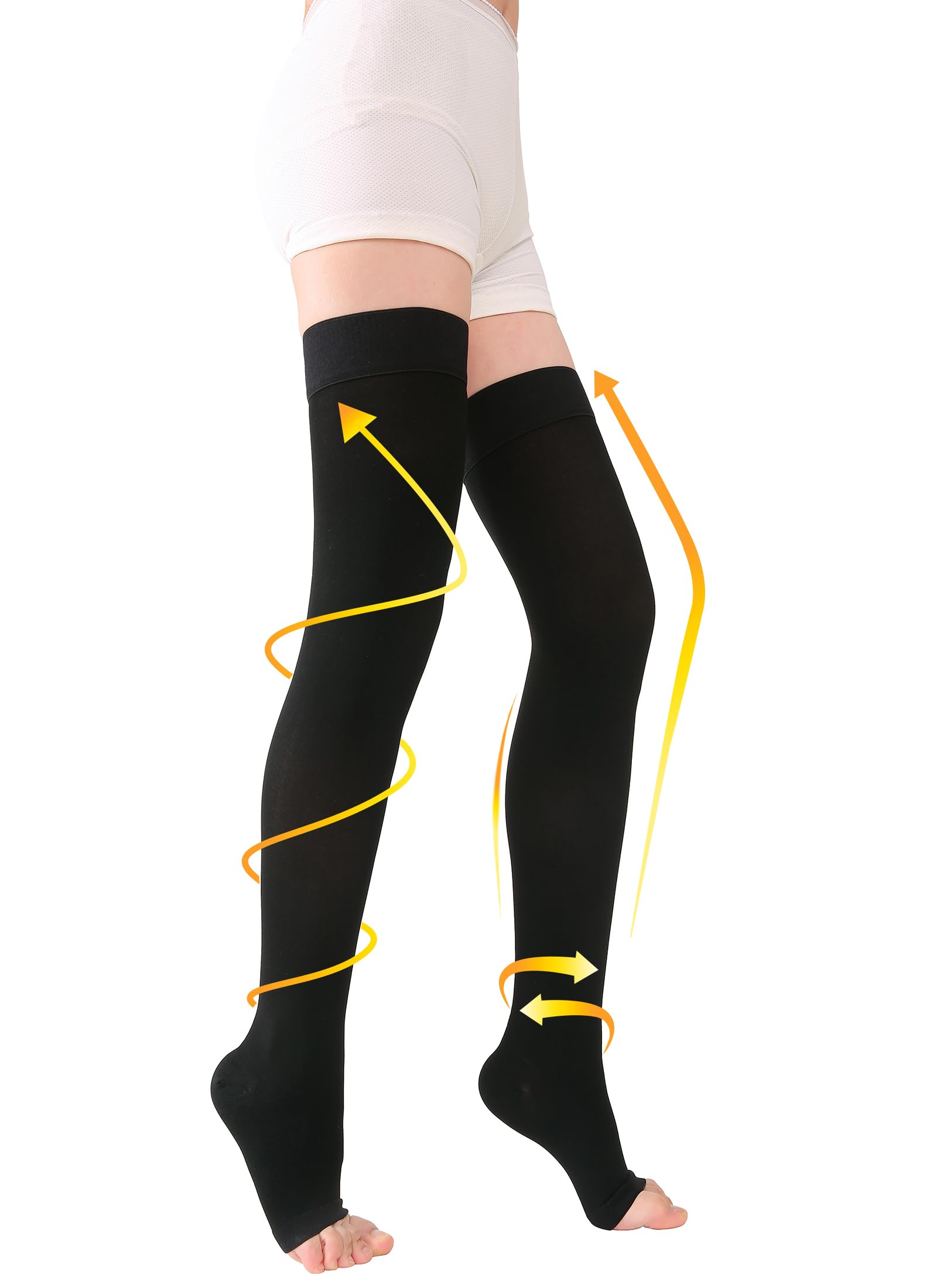 Thigh High Compression Stockings, Opaque, Firm Support 20-30 mmHg Gradient Compression with Silicone Band, TOFLY Open-Toe Compression Stockings, Treatment Swelling, Varicose Veins, Edema. Black L