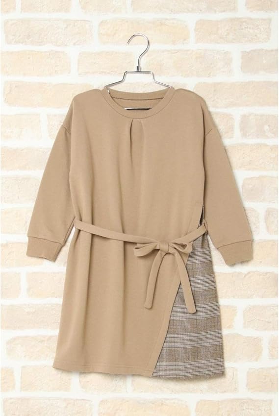 Amazon イッカ キッズ Ikka キッズ チェック切り替えベルト付きワンピース 1縲160cm ベージュ 1 ワンピース チュニック 通販