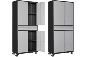 Anxxsu Metal Garage Storage Cabinet with Wheels, 73" Lockable Storage Cabinet with 2 Adjustable Shelves and 1 Drawer for Garage, Utility Room, Warehouse (Black Grey)