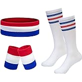 Striped Sweatbands Set, Sports Headband and Wristbands Sweatbands Colorful Cotton Striped Sweatband Set American Flag Style for Men and Women