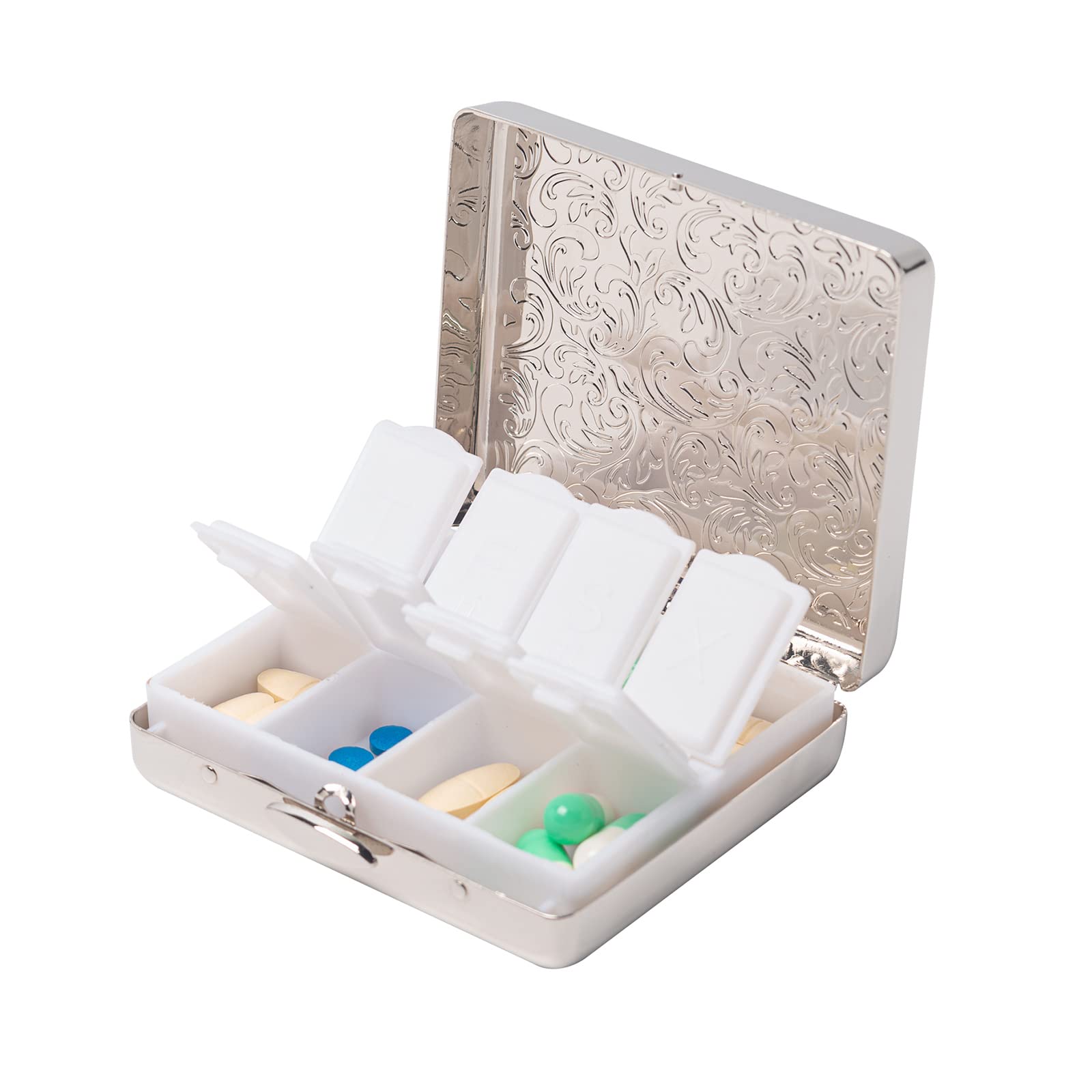 Fashion Elegant Medicine Portable Double Protection Switch Metal Travel Pill Box (7 Days) /8 Compartment (Light Silver)