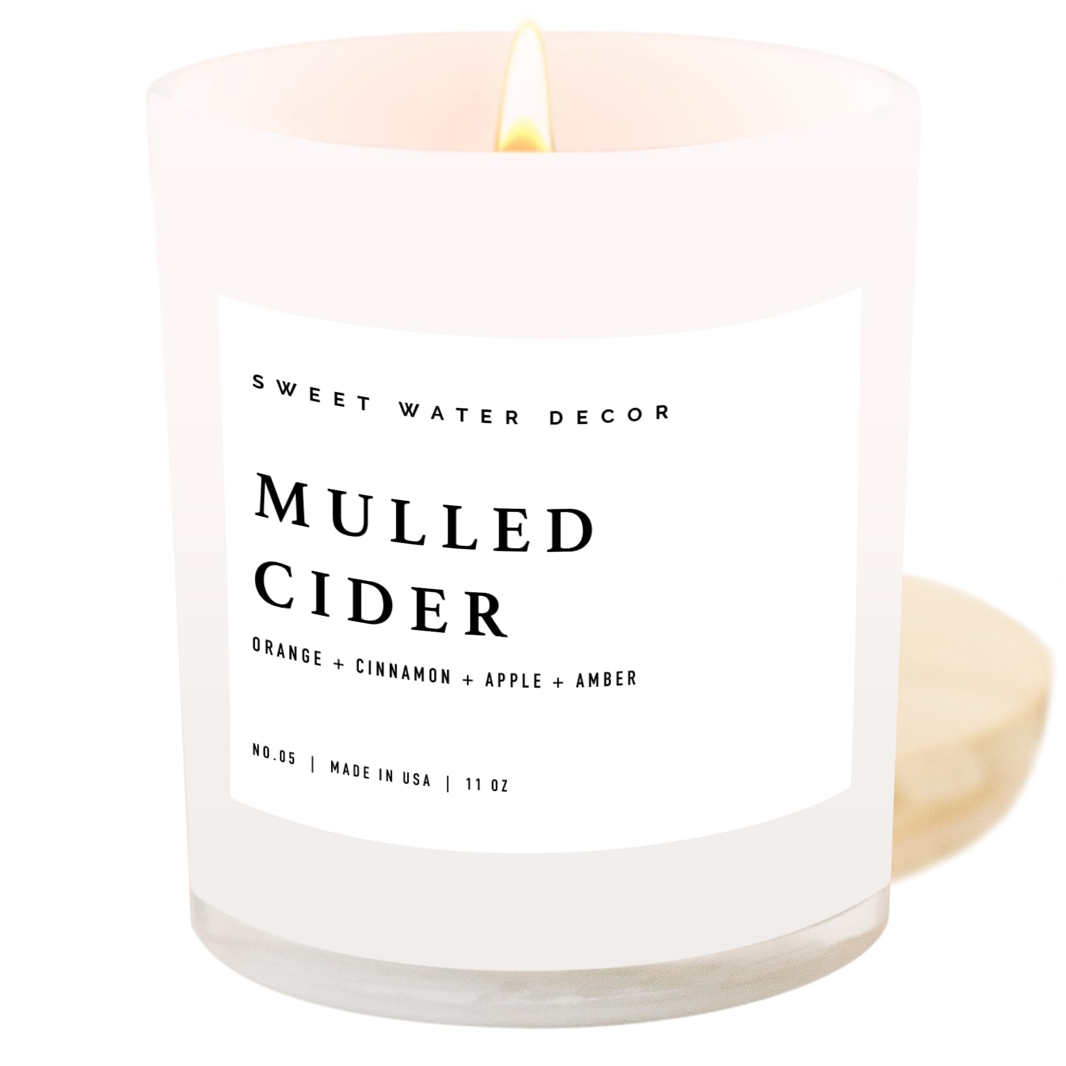 Sweet Water Decor Mulled Cider Soy Candle | Orange | Lemon | Cinnamon | Cranberry | Apple | Cedar | Amber Scented Candle for Home | 11oz White Jar Candle, 50+ Hour Burn Time, Made in The USA Image
