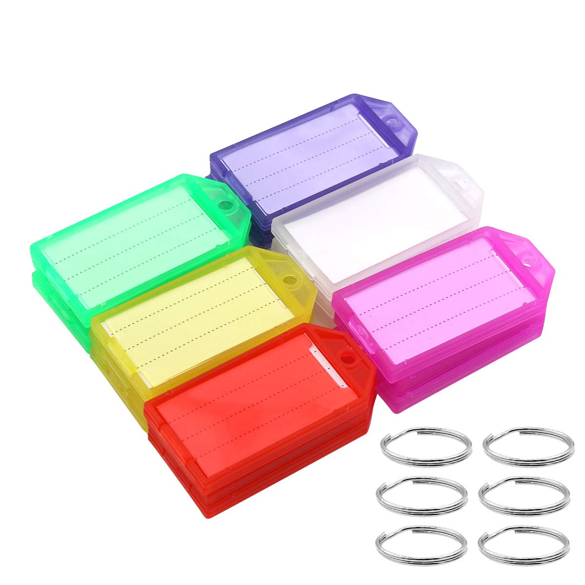 Coideal 60 Pack Tough Plastic Key Tags with Strong Split Ring and Flap Label Window Colored Identifier ID Keychain Tag for Luggage, 6 Assorted Colors