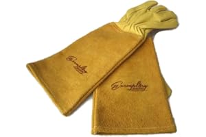 EXEMPLARY GARDENS Rose Pruning Gloves for Men and Women - Thorn Proof Goatskin Leather Gardening Gloves with Gauntlet (Medium, Yellow)